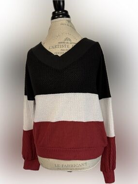 Black White and Burgundy Colorblock V-Neck Women's Sweater